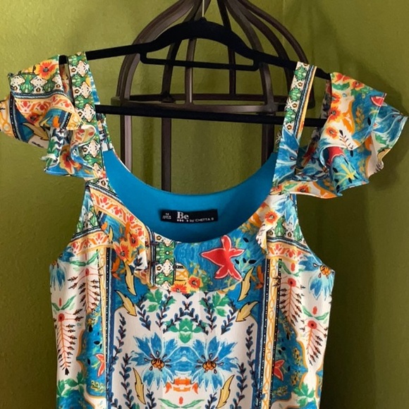 💖New Listing! Be by Chetta B, bright turquoise print w/off shoulder sleeves - Picture 3 of 4